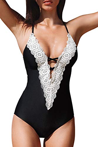 CUPSHE Damen Badeanzug Tiefen V Kreuzgurte Vintage Spitzeneinsatz Bademode One Piece Swimsuit Schwarz M