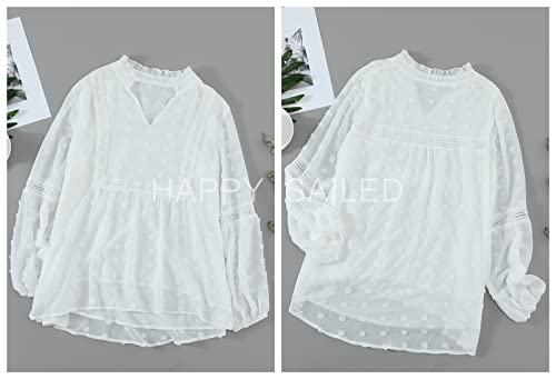 HAPPY SAILED Damen Bluse Weiß Elegant Spitze Blusenshirt Langarm Chiffon Tunika Shirt Hemd Oberteil Langarmshirt S