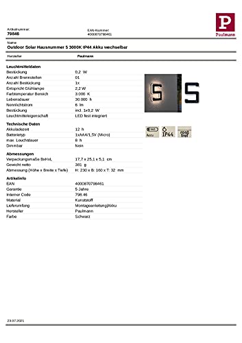 Paulmann 79846 LED Solar Hausnummer 5 IP44 Warmweiß Akku wechselbar incl. 1x0,2 Watt Solarleuchte Schwarz Solarlampe Kunststoff Solarlicht 3000 K