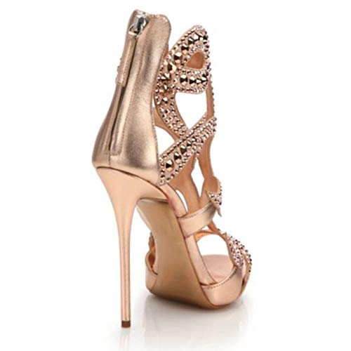 TIKENBST High Heels Sandalen Sommer Luxus Stiletto Damenschuhe Partyschuhe Goldene Strasssteine,Champagne-45