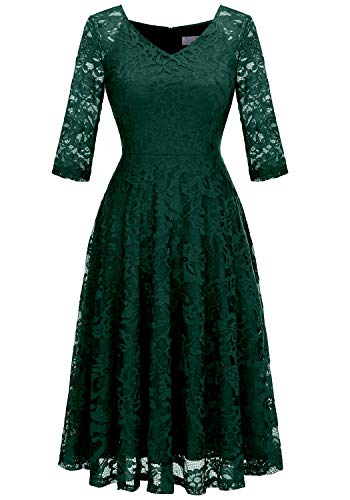 Dressystar Damen Elegant Spitzenkleid 3/4 Ärmel Hochzeit Party A-Linie Abendkleid Cocktailkleid Dunkelgrün M