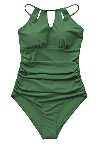 CUPSHE Damen Badeanzug mit Zierausschnitt Raffung Bauchweg Strandmode High Neck Einteilige Bademode Swimsuit Grün XXL