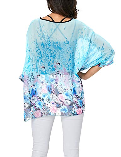 LazLake Chiffon Böhmen Blusen Damen Boehmen Blumen Bluse Damen Boho Bluse Batwing Damenbluse 3/4 Armel Chiffon Bluse T-Shirt ED-Bianfu-345