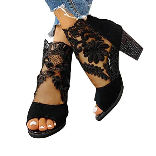 Minetom Sandalen Damen Pumps Schuhe Lace Hohl Blockabsatz High Heels Open Toe Sandalen Abend Party Braut Sommerschuhe B Schwarz 39 EU