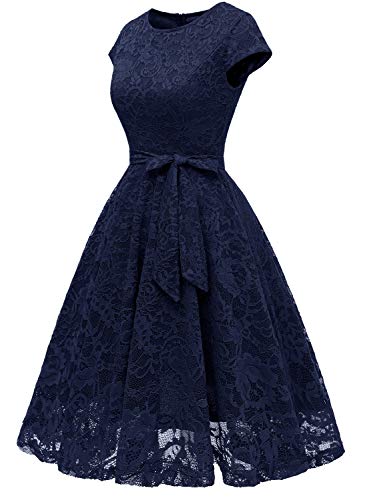 MuaDress 6008 Cocktailkleid Knielang Cape Ärmel Spitzen Brautjungfernkleid Floral Elegant Marineblau S