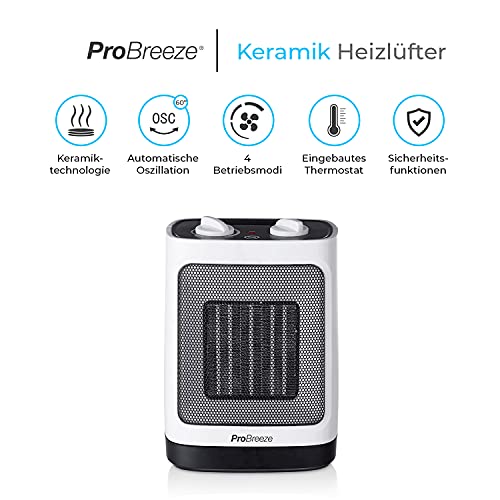 Pro Breeze 2000W Mini Keramik Heizlüfter mit automatischer Oszillation, zwei Leistungsstufen, energiesparender Betrieb für Wohnzimmer, Büro, Terasse - Weiß