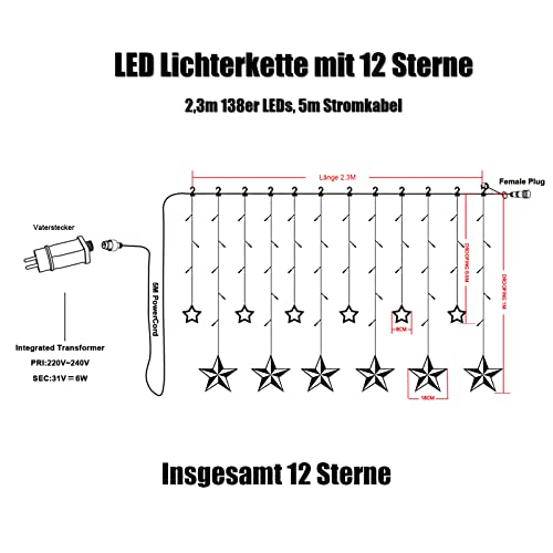 12 Sterne LED Lichterkette, Lichtervorhang weihnachtslichter Sternenvorhang 138 LEDs 8 Modi Für Innen Außen, Weihnachten, Party, Deko, Hochzeit, Garten, Balkon