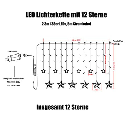 12 Sterne LED Lichterkette, Lichtervorhang weihnachtslichter Sternenvorhang 138 LEDs 8 Modi Für Innen Außen, Weihnachten, Party, Deko, Hochzeit, Garten, Balkon