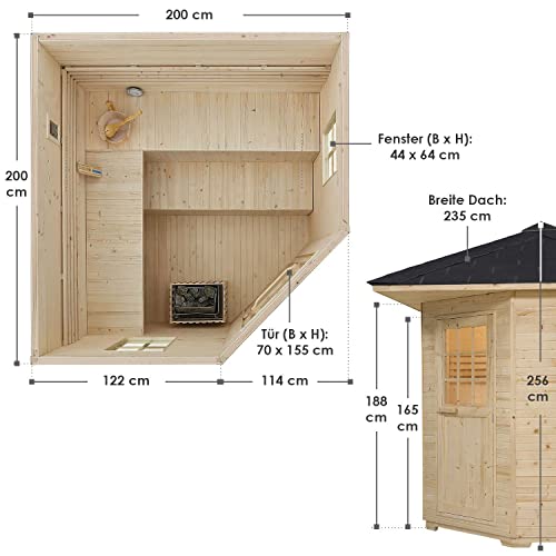 Artsauna Gartensauna Eldur mit 8 kW Ofen, Beleuchtung & Zubehör - Saunahaus aus Fichtenholz - Außensauna für 5 Personen - Outdoor Sauna 200x200x256 cm