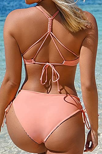 CUPSHE Damen Bikini Set mit Geflochtenen Trägern Reversible Bikinihose Geometric Print Bademode Zweiteiliger Badeanzug Rosa S