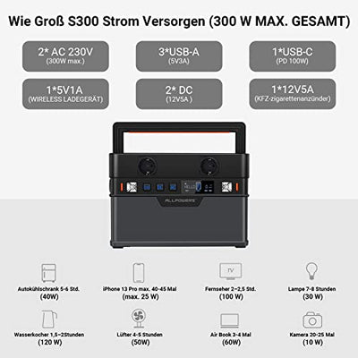 ALLPOWERS S300 Tragbarer Powerstation 288Wh / 78000mAh Mobile Stromversorgung Generatoren 300W Batterie Mobiler Stromspeicher Akku Generator für Garten Party Reise Camping Wohnmobil Notfall