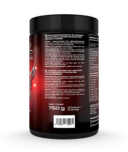 Whey Protein (Erdbeer) mit Shaker, Premium Protein-Shake mit 82% Eiweiß für Muskelaufbau und Abnehmen, Eiweißpulver Made in Germany, Recort Nutrition