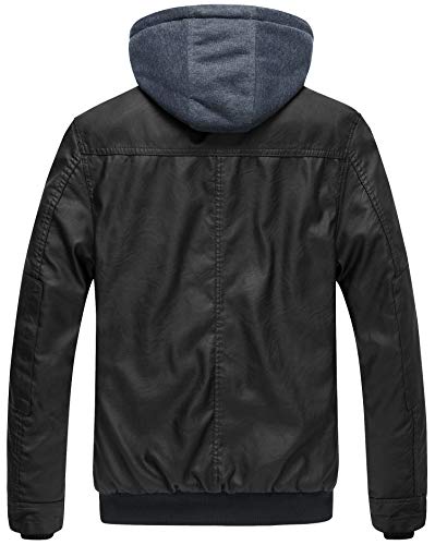 Wantdo Herren Jacke Winter Warm Jacke Lederjacke Gefuettert Winter Kunstleder Jacke Schwarz-Verdicken S