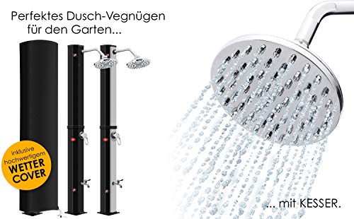 KESSER® Solardusche 35 Liter Solar Gartendusche Inkl. Schutzhaube | warmes Wasser | max. 60°C ohne Stromanschluss Pooldusche Camping| Regenduschkopf und Wasserhahn | Gartenschlauch-Anschluss, Schwarz