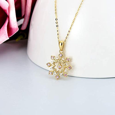 YDD 9 Karat Gold Schneeflocken-Halskette für Damen, Liebes Herz Schneeflocken Anhänger Halskette mit rosa Zirkonia Weihnachtsgeschenke Schmuck für Mädchen Ihr 16''+1''+1''