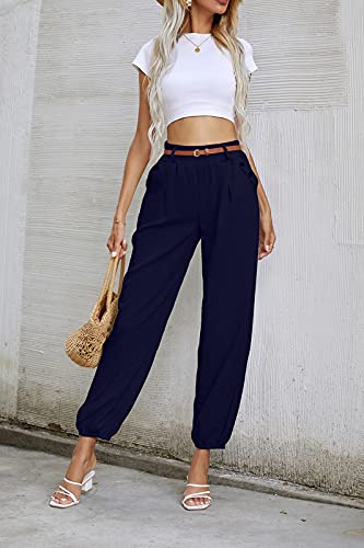 OEAK Damen Leinen Hose Haremshose Lang Chino Einfarbig Sommerhose Pumphose Aladinhose Pluderhose Baggy Harem Stil Strandhose mit Gürtel,Marine,Gr.L