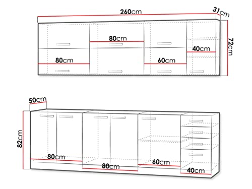 Küche Multiline IV, 260 cm Küchenblock/Küchenzeile mit Arbeitsplatte und Spühlbecken, 7 Schrank-Module frei kombinierbar (Grau/Weiß Hochglanz; mit LED Beleuchtung)