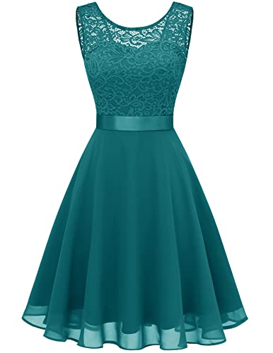 BeryLove Damen Spitzenkleid Brautjungfer Elegant Party Knielang Cocktailkleid Chiffon Ärmellos BLP7005 B-Peacock Green S