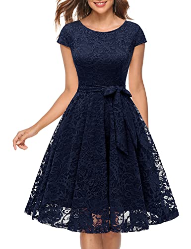 MuaDress 6008 Cocktailkleid Knielang Cape Ärmel Spitzen Brautjungfernkleid Floral Elegant Marineblau S