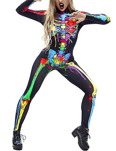 AIDEAONE Halloween Kostüm Damen Knochen Overall Ganzanzug Knochen Skeleton Anzug Karneval Fasching M