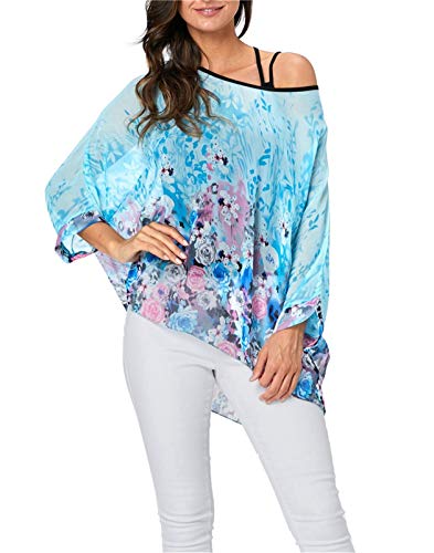 LazLake Chiffon Böhmen Blusen Damen Boehmen Blumen Bluse Damen Boho Bluse Batwing Damenbluse 3/4 Armel Chiffon Bluse T-Shirt ED-Bianfu-345