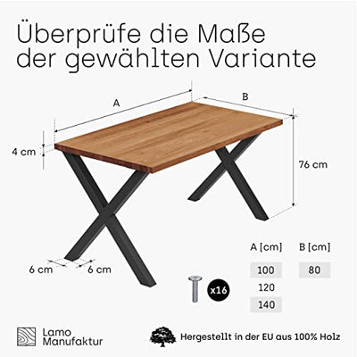 LAMO Manufaktur Esstisch Küchentisch Schreibtisch Couchtisch aus Massivholz, 120x80x76 cm (AxBxH), Design, Dunkel/Schwarz, LEG-01-A-004-9005D