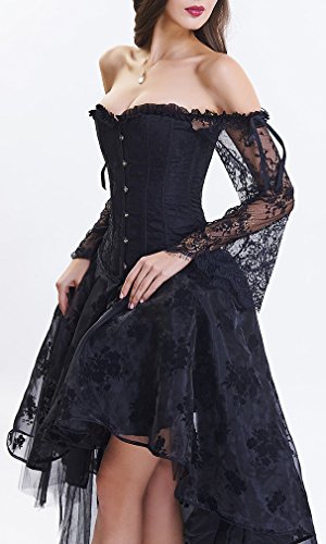 EUDOLAH Damen Schwarz Korsagen Gothic Taille Korset Lang Hauch Bluse Mini Korsett kurz Party Steampunk inkl. und Korsett Top (Small, 11708 Schwarz)