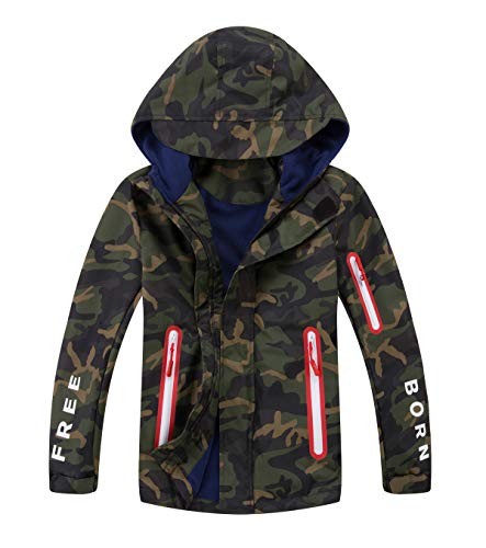 YOUNGSOUL Kinder Gefütterte Regenjacke Outdoorjacke Wasserdicht Übergangsjacke Jungen Softshelljacke Camouflage Jacke mit Kapuze Armeegrün DE: 104-110 (Herstellergröße 110)