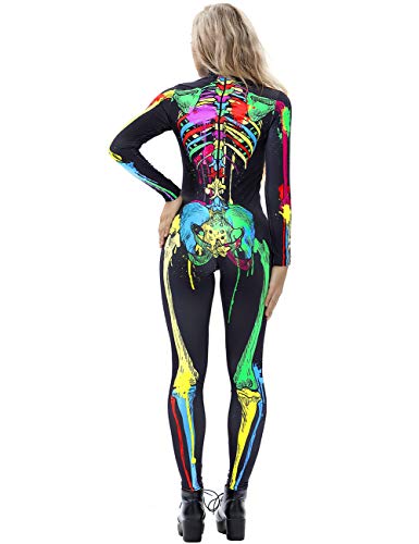 AIDEAONE Halloween Kostüm Damen Knochen Overall Ganzanzug Knochen Skeleton Anzug Karneval Fasching M