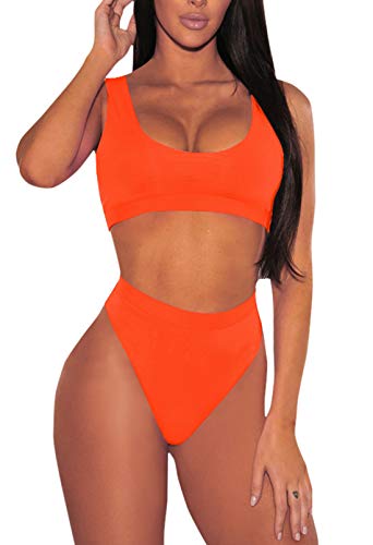 Viottiset Damen Bademode Crop Top Bikini Set Zweiteilige Badeanzug mit Hoher Taille Strandkleidung Bikinihose (L, Orange)