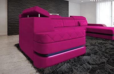 Sofa Bologna als Wohnlandschaft in der U-Form Leder Couch mit USB Kopfstützen Beleuchtung Ledersofa als Designersofa mit Stauraum (Ottomane rechts (auf Sofa blickend), Pink-Schwarz)