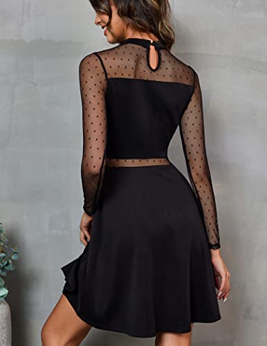 Zeagoo Damen Kleider Spitze Elegant A Linie Partykleider Hohe Taille CocktailKleider Minikleider Festliches SkaterKleider Einfarbig Mesh Kleider Sexy Swing Kleiderer Schwarz M