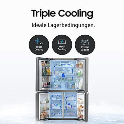 Samsung RF65A967FS9/EG French Door Kühlschrank, 183cm, 647ℓ, Innenliegendes Beverage Center mit Dual Water Dispenser und Ice Maker, Cool Select+ Zone, No Frost+, Frischwasseranschluss, Edelstahl Look