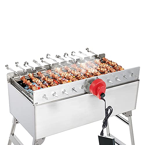 BEM Mangal Schaschlikgrill, Grillset mit Zubehör inkl. Powerbank + Motor, Elektrisch, Edelstahl, Klappbar, Holzkohlegrill mit Spießen