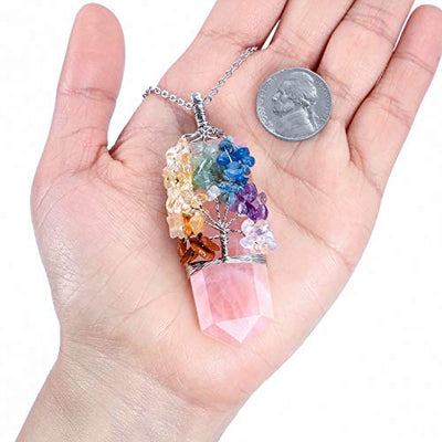 Jovivi 7 Chakra Glückskette Baum des Lebens Wire Wrap Anhänger Kette Healing Reiki Schwert Form Edelstein Pendant Halskette