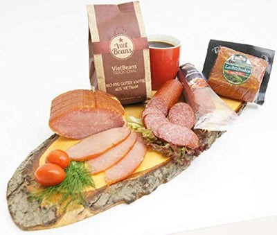 Schlemmerbox Wurstgeschenk & Kaffee Set geröstete Kaffeebohnen gemahlen | Salami Schinken geräuchert auf Buchenholz | Delikatessen Geschenkset für Männer und Frauen mit gemahlener Kaffee