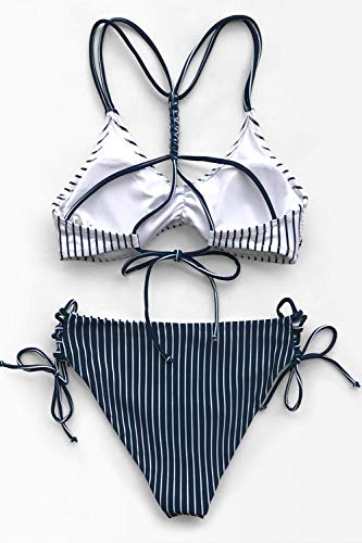 CUPSHE Damen Bikini Set mit geflochtenen Trägern Hinten Gestreifte Bademode Wende-Slip Zweiteiliger Badeanzug Weiß XL