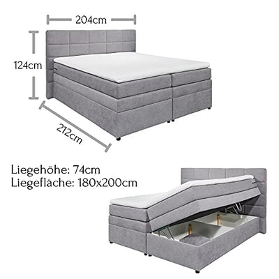 TACOMA 2 Boxspringbett 180 x 200 cm mit Bettkasten, hellgrau - Bequemes Doppelbett mit 7-Zonen-Federkern Matratze & Komfortschaum Topper - 204 x 124 x 212 cm (B/H/T)