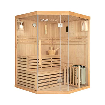 Home Deluxe - Traditionelle Sauna - Skyline XL - Maße: 150 x 150 x 200 cm - für 2-3 Personen, Hemlocktanne, inkl. Ofen, Saunazubehör I Dampfsauna Aufgusssauna Finnische Sauna