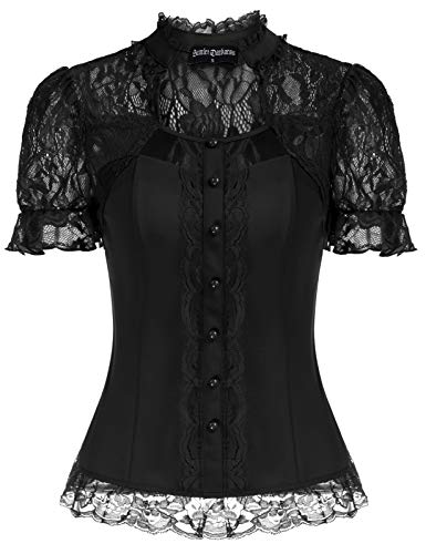 Damen Steampunk Spitzen Shirt Kurzarm Renaissance Spitzenshirt für Party Schwarz XL