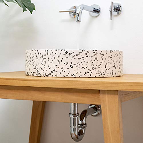 WOHNFREUDEN Terrazzo Waschbecken creme rund 40 cm - schwarz Naturstein Waschbecken Stein Becken Archi