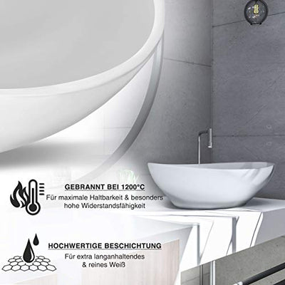 VMbathrooms Premium Waschbecken Oval mit Lotus-Effekt | Aufsatzwaschbecken für das Badezimmer und Gäste-WC | Waschschale ohne Hahnloch und ohne Überlauf | Rein-weißes Aufsatzbecken