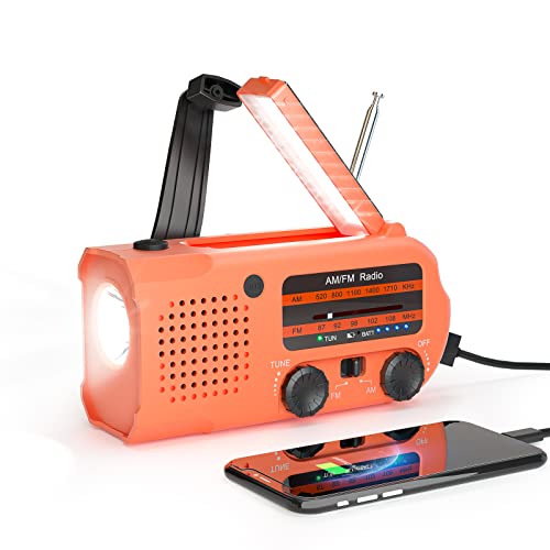 Linwtrid Solar Radio, Tragbar Kurbelradio Dynamo Radio mit AM/FM 5000mAh Akku Wiederaufladbare Powerbank Notfall-Radio LED Taschenlampe Leseleuchte für Wandern, Camping, Ourdoor, Notfall （Orange）