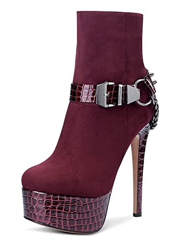 CASTAMERE Damen Mode-Stiefel Knöchelhoch Boots Plattform Stilettos 15CM Plateau Stiefeletten Rot Burgund Wildleder Schuhe EU 37