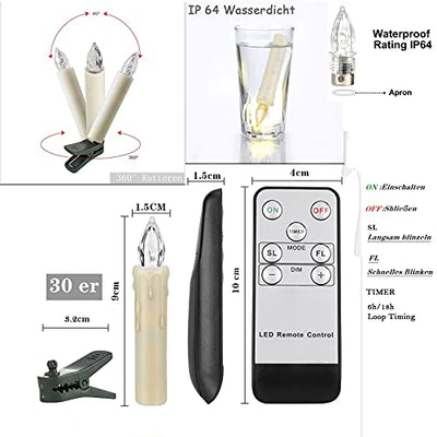 ZIYOUDOLI 30er LED Weihnachtskerzen mit Fernbedienung Timer Dimmbar, Christbaumkerzen Kabellose Weihnachtsbaumkerzen für Weihnachtsbaum Weihnachtsdeko Hochzeit (30stück)