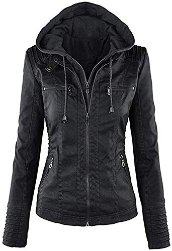 Seamido Lederjacke Damen Herbst Winter Motorrad Jacke Bomberjacke Bikerjacke mit Reißverschluss Kapuzen Übergangsjacke(Schwarz, L)