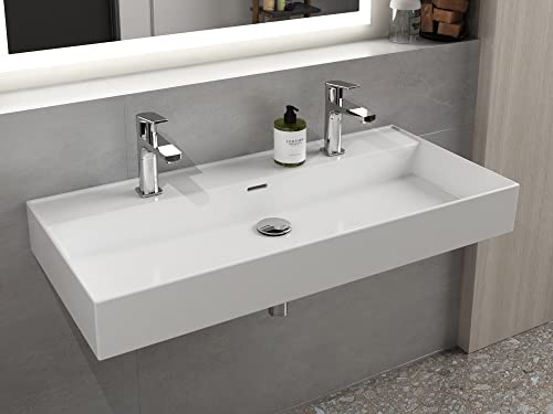 AQUA BAGNO Design Doppelwaschbecken im modernen Stil, Wand Waschbecken in Weiß, Waschtisch aus Keramik | 1004 x 465 x 130 mm