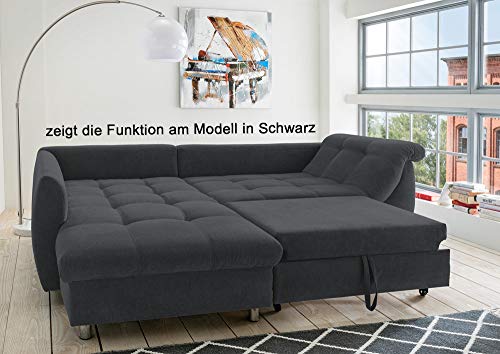 lifestyle4living Ecksofa mit Schlaffunktion und Bettkasten in Anthrazit mit großen Rücken-Kissen, Microfaser-Stoff | Gemütliches L-Sofa mit Longchair im modernen Look