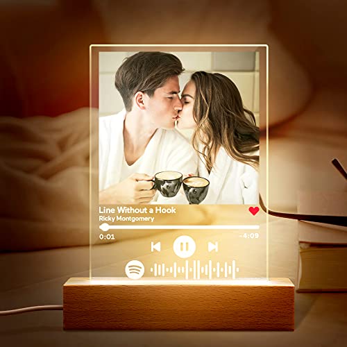 VEELU Spotify Glas Personalisiert LED Nachtlicht Song Cover Glas Bild mit Foto Spotify Platte Acrylglas Fotogeschenke für Männer Frauen Pärchen Geschenk Jahrestag Valentinstag Weihnachten