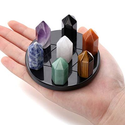 JSDDE 7 Chakra Deko Set Spitze Hexagon Säulen Stein Reiki Energietherapie Obsidian Edelstein Yoga Meditation Feng Shui Qixing Array Dekoration